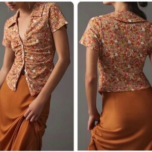 Maeve by Anthropologie Citrus Fruit Button Front Ruched Blouse Boho Medium